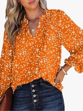 Women's Orange V-Neck Smocked Polka Dot Blouse